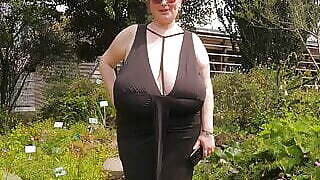 Walking braless in city garden